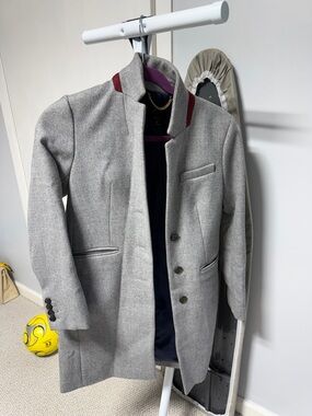 JCrewLight Gray Men's inspired  Wool Blend Overcoat with Burgundy Collar Detail